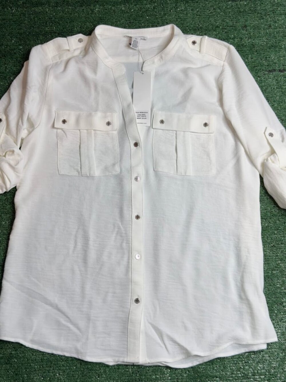 Calvin Klein Modern Essentials Roll Tab Button Front Shirt White Size L NWT